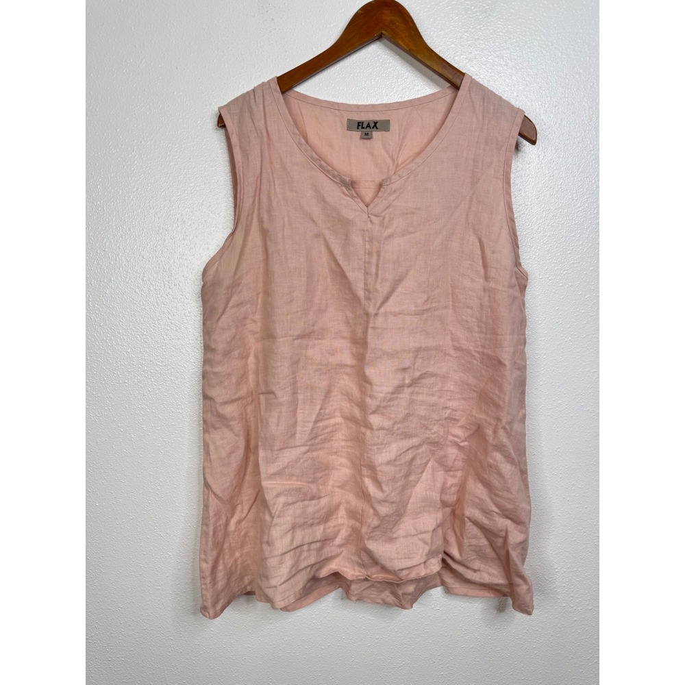 FLAX Women Medium Pink 100% Linen Sleeveless V-Neck Tank‎ Top Made in Lithuania